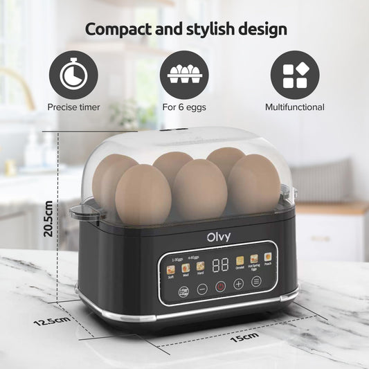 Olvy 6-in-1 Electric Egg Cooker with LCD-Timer - 6-Egg Boiler and Steamer - Automatic Shut-Off - Dishwasher-Safe Parts - Includes Measuring Cup