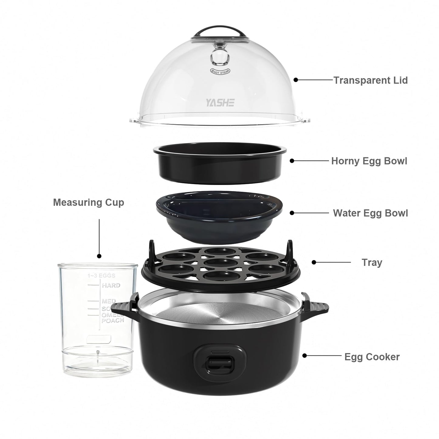 YASHE Rapid Egg Cooker, 7 Egg Capacity Electric Egg Boiler for Hard, Medium, Soft Boiled Eggs, Poacher, Poached Omelet Maker Egg with BPA Free Tray & Egg Bowl, Auto Shut Off, Musical Buzzer, Black