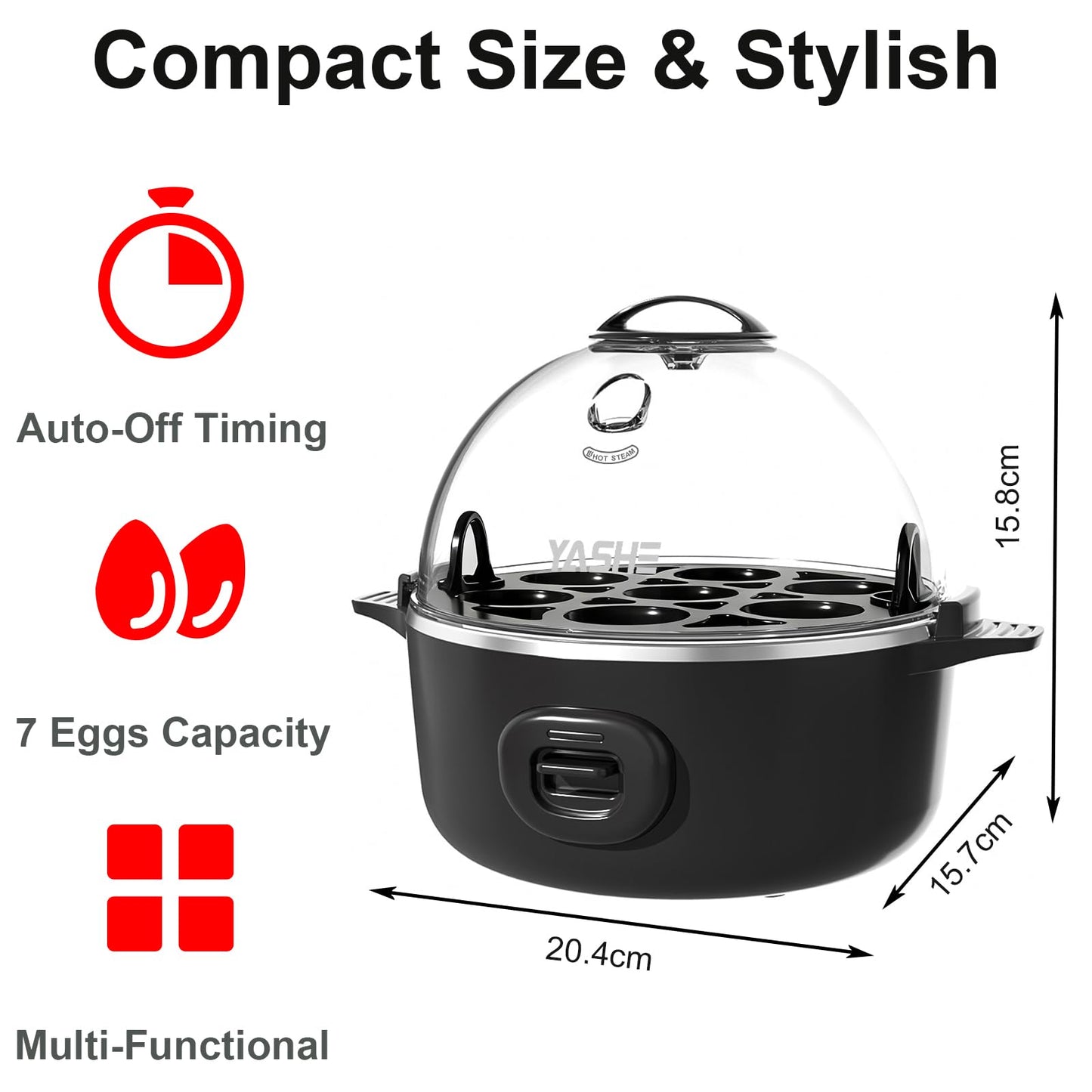 YASHE Rapid Egg Cooker, 7 Egg Capacity Electric Egg Boiler for Hard, Medium, Soft Boiled Eggs, Poacher, Poached Omelet Maker Egg with BPA Free Tray & Egg Bowl, Auto Shut Off, Musical Buzzer, Black