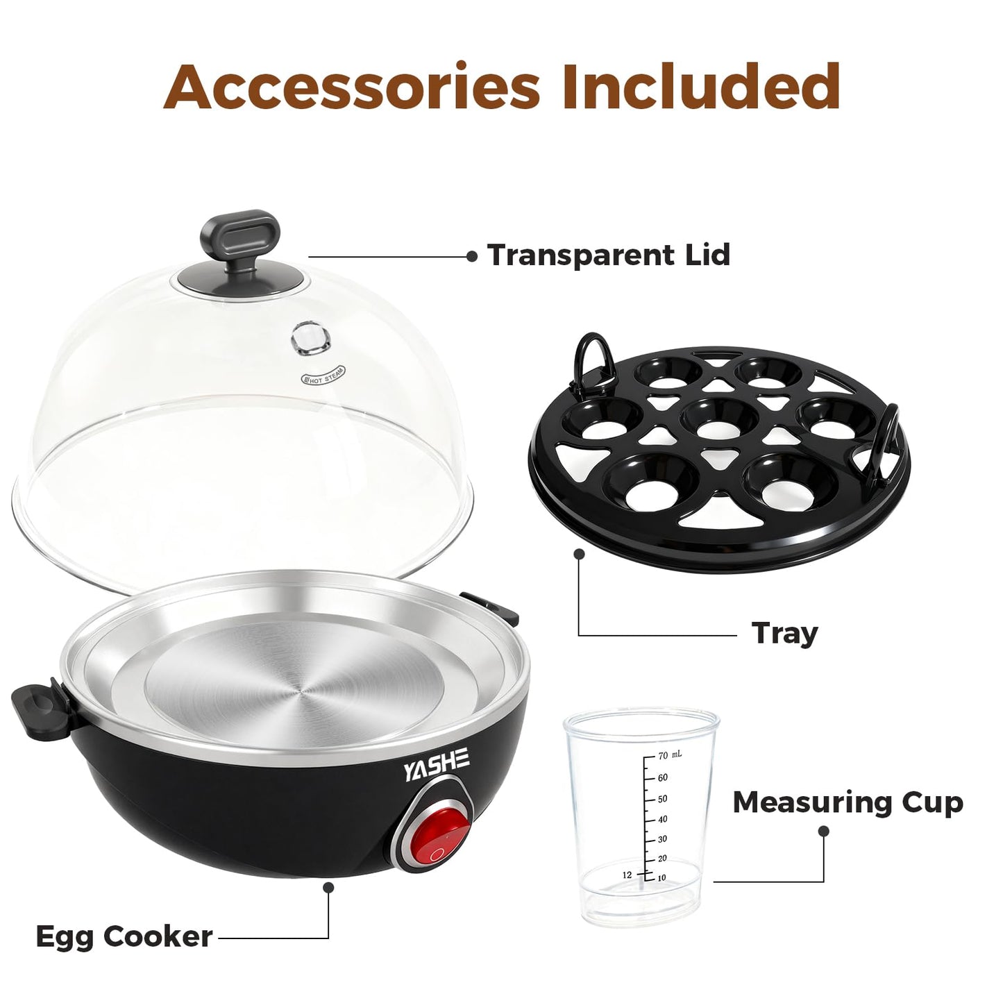 YASHE Rapid Egg Cooker, 7 Egg Capacity Electric Egg Boiler for Hard, Medium, Soft Boiled Eggs, with Measuring Cup, BPA-Free Tray & Lid, Auto Shut-Off Overheat Protection, Black