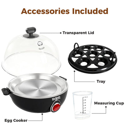 YASHE Rapid Egg Cooker, 7 Egg Capacity Electric Egg Boiler for Hard, Medium, Soft Boiled Eggs, with Measuring Cup, BPA-Free Tray & Lid, Auto Shut-Off Overheat Protection, Black
