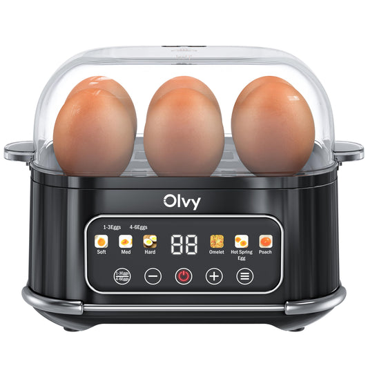 Olvy 6-in-1 Electric Egg Cooker with LCD-Timer - 6-Egg Boiler and Steamer - Automatic Shut-Off - Dishwasher-Safe Parts - Includes Measuring Cup