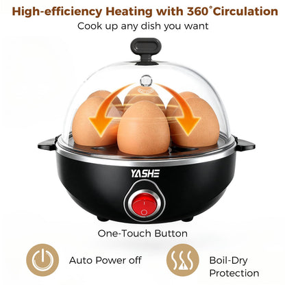 YASHE Rapid Egg Cooker, 7 Egg Capacity Electric Egg Boiler for Hard, Medium, Soft Boiled Eggs, with Measuring Cup, BPA-Free Tray & Lid, Auto Shut-Off Overheat Protection, Black