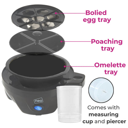 Neo 3 in 1 Durable Kitchen Electric Egg Cooker, Boiler, Poacher Poached Boiled & Omelette Maker Machine Steamer with Timer (Clear Egg)
