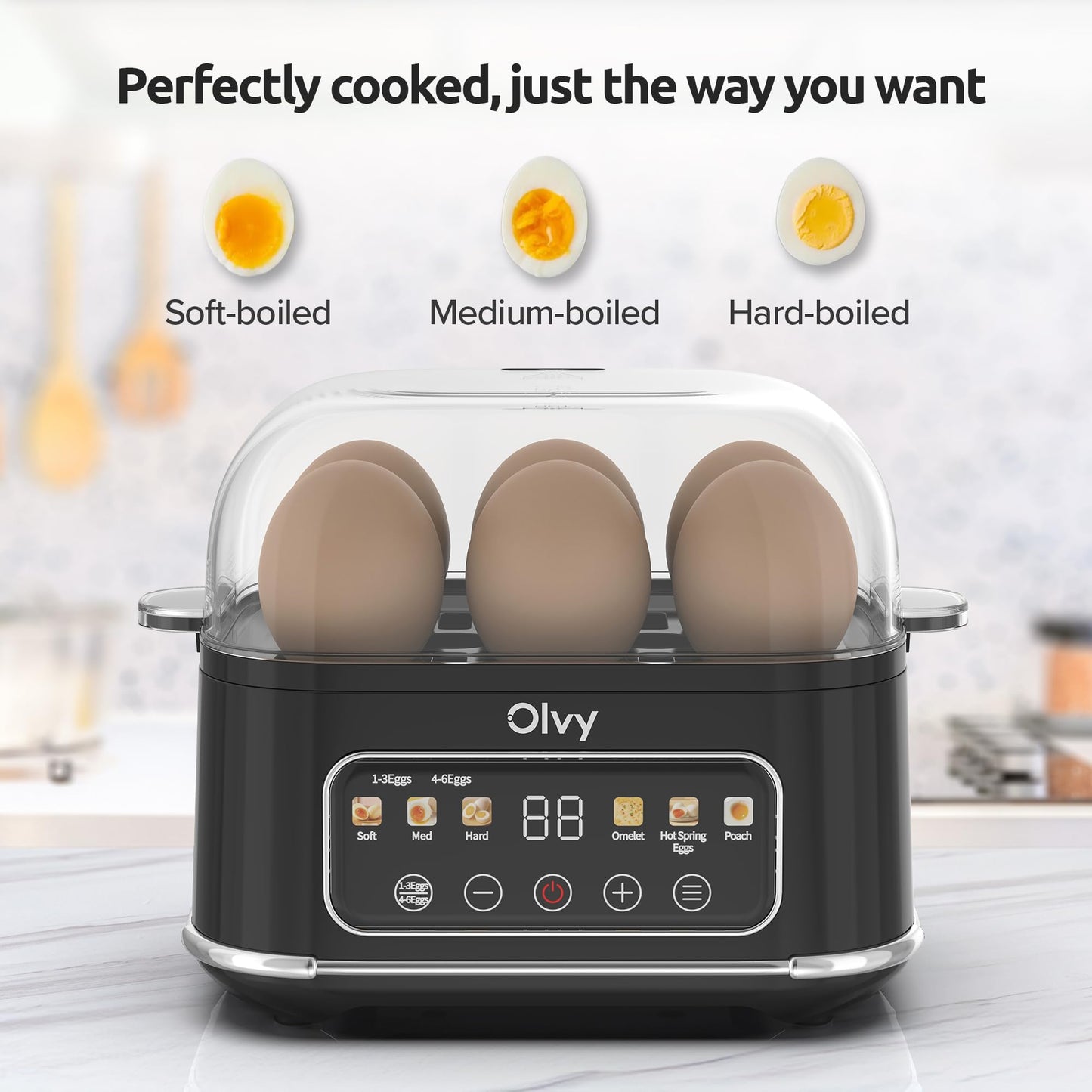 Olvy 6-in-1 Electric Egg Cooker with LCD-Timer - 6-Egg Boiler and Steamer - Automatic Shut-Off - Dishwasher-Safe Parts - Includes Measuring Cup
