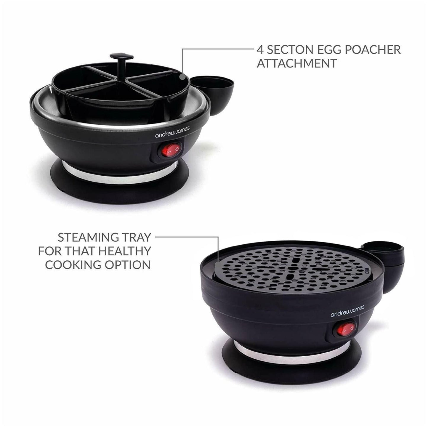 Andrew James Egg Boiler Poacher Electric Cooker with Steamer Attachment for Perfect Soft and Hard Boiled Eggs | up to 7 Egg Capacity | Water Measuring Cup & Egg Piercer | 380W