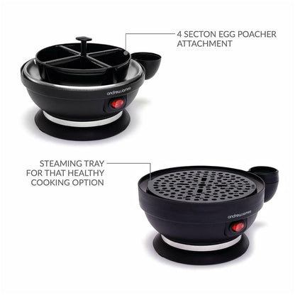 Andrew James Egg Boiler Poacher Electric Cooker with Steamer Attachment for Perfect Soft and Hard Boiled Eggs | up to 7 Egg Capacity | Water Measuring Cup & Egg Piercer | 380W