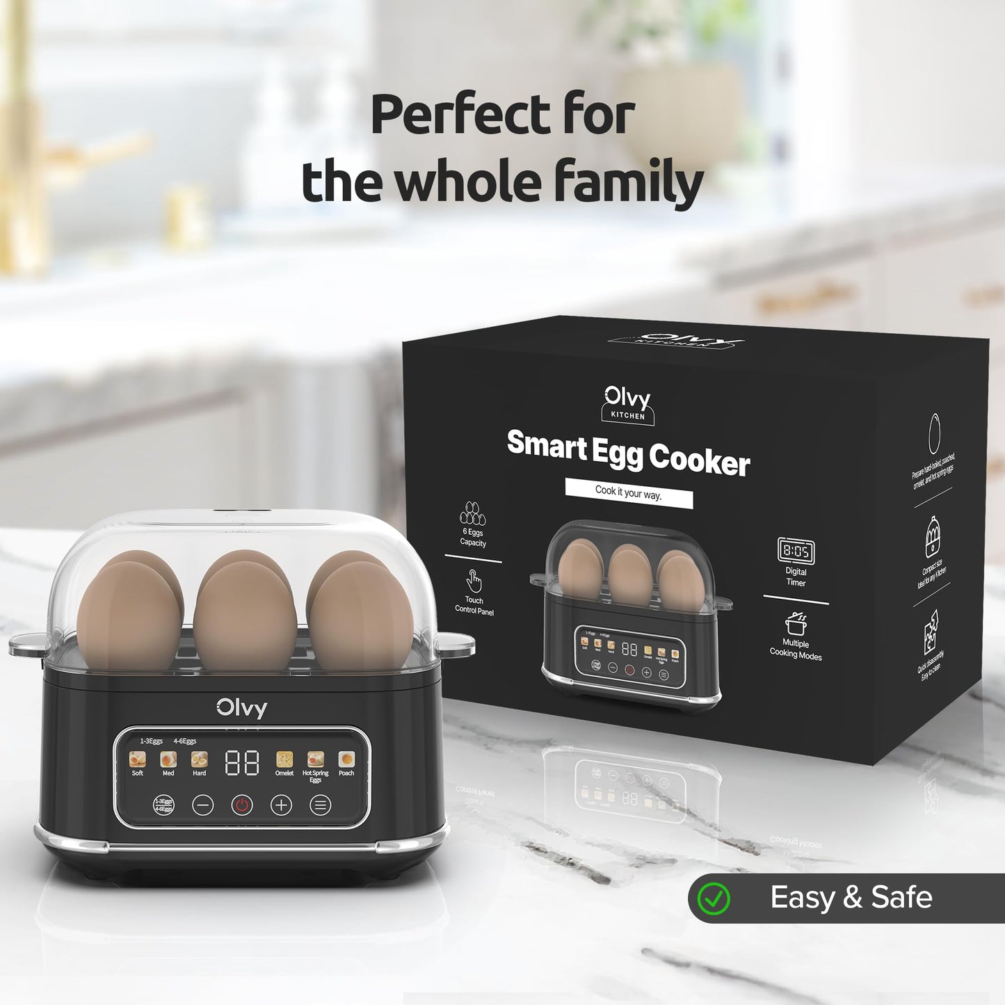 Olvy 6-in-1 Electric Egg Cooker with LCD-Timer - 6-Egg Boiler and Steamer - Automatic Shut-Off - Dishwasher-Safe Parts - Includes Measuring Cup
