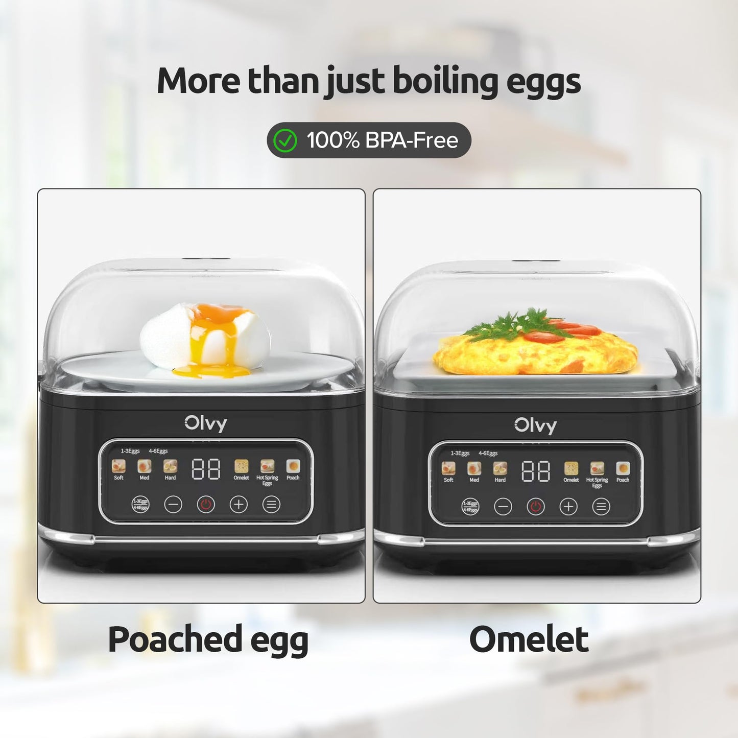 Olvy 6-in-1 Electric Egg Cooker with LCD-Timer - 6-Egg Boiler and Steamer - Automatic Shut-Off - Dishwasher-Safe Parts - Includes Measuring Cup