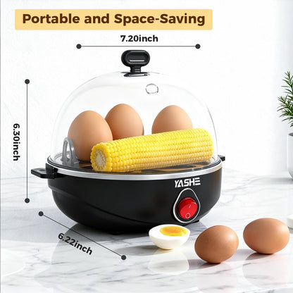 YASHE Rapid Egg Cooker, 7 Egg Capacity Electric Egg Boiler for Hard, Medium, Soft Boiled Eggs, with Measuring Cup, BPA-Free Tray & Lid, Auto Shut-Off Overheat Protection, Black