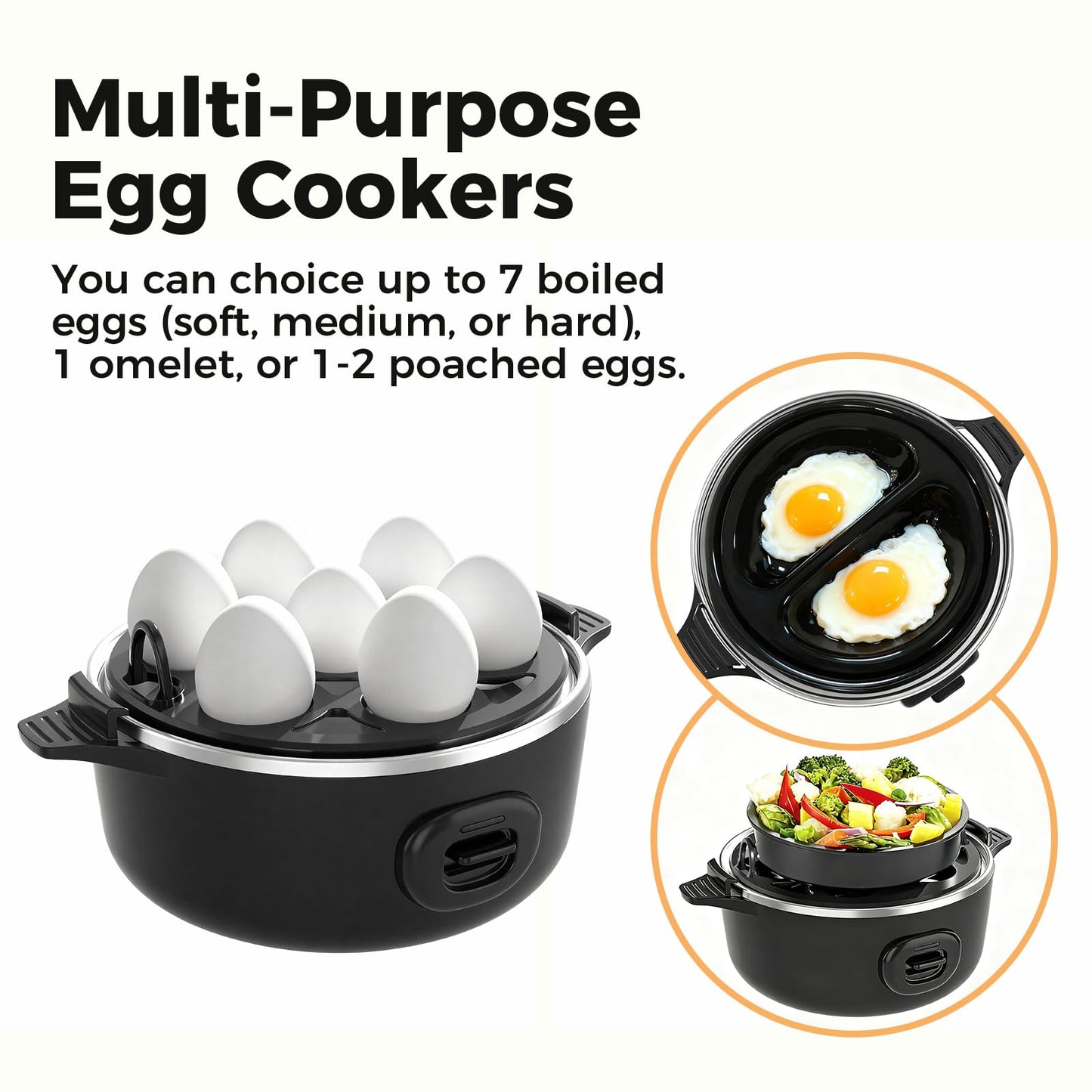 YASHE Rapid Egg Cooker, 7 Egg Capacity Electric Egg Boiler for Hard, Medium, Soft Boiled Eggs, Poacher, Poached Omelet Maker Egg with BPA Free Tray & Egg Bowl, Auto Shut Off, Musical Buzzer, Black