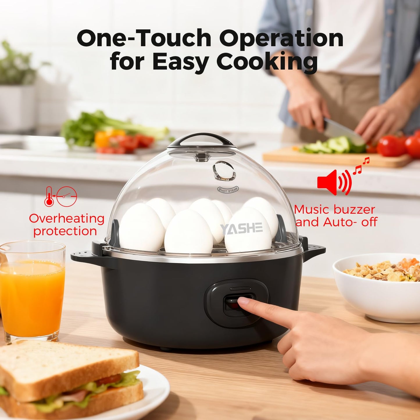 YASHE Rapid Egg Cooker, 7 Egg Capacity Electric Egg Boiler for Hard, Medium, Soft Boiled Eggs, Poacher, Poached Omelet Maker Egg with BPA Free Tray & Egg Bowl, Auto Shut Off, Musical Buzzer, Black
