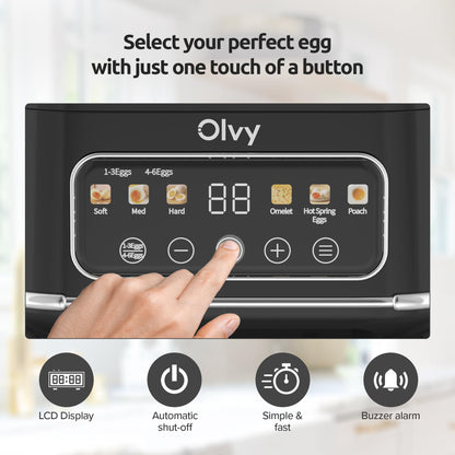 Olvy 6-in-1 Electric Egg Cooker with LCD-Timer - 6-Egg Boiler and Steamer - Automatic Shut-Off - Dishwasher-Safe Parts - Includes Measuring Cup
