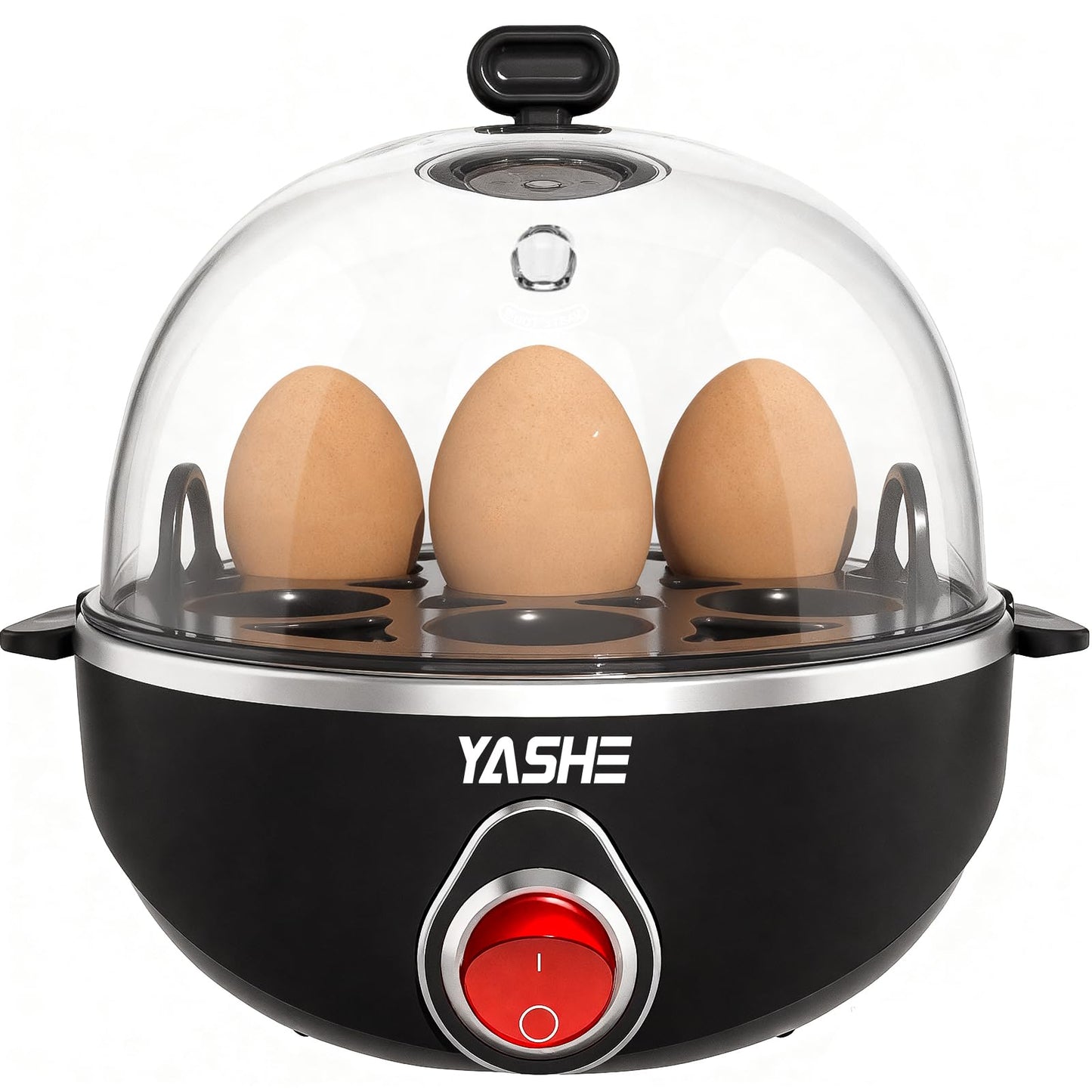 YASHE Rapid Egg Cooker, 7 Egg Capacity Electric Egg Boiler for Hard, Medium, Soft Boiled Eggs, with Measuring Cup, BPA-Free Tray & Lid, Auto Shut-Off Overheat Protection, Black