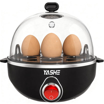 YASHE Rapid Egg Cooker, 7 Egg Capacity Electric Egg Boiler for Hard, Medium, Soft Boiled Eggs, with Measuring Cup, BPA-Free Tray & Lid, Auto Shut-Off Overheat Protection, Black
