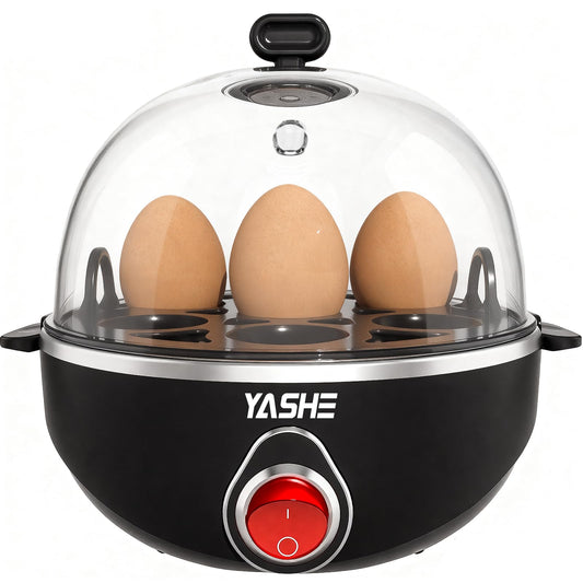 YASHE Rapid Egg Cooker, 7 Egg Capacity Electric Egg Boiler for Hard, Medium, Soft Boiled Eggs, with Measuring Cup, BPA-Free Tray & Lid, Auto Shut-Off Overheat Protection, Black