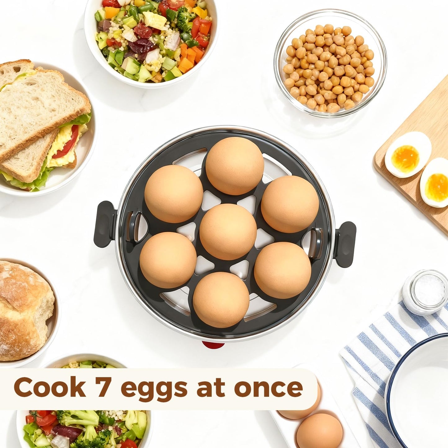 YASHE Rapid Egg Cooker, 7 Egg Capacity Electric Egg Boiler for Hard, Medium, Soft Boiled Eggs, with Measuring Cup, BPA-Free Tray & Lid, Auto Shut-Off Overheat Protection, Black