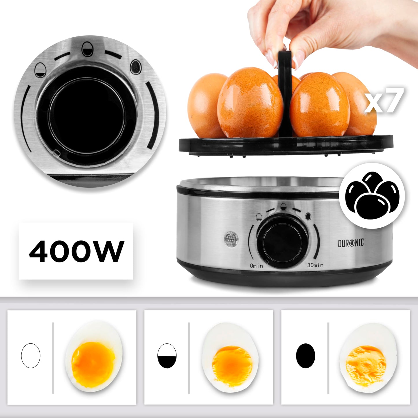 Duronic Electric Egg Boiler EB50 Egg Cooker 400W Omelette Maker for 7 Eggs with Poacher Tray Auto Shut Off 3 Cooking Modes Soft Medium Hard Boiled Eggs Steamer for Breakfast Meals