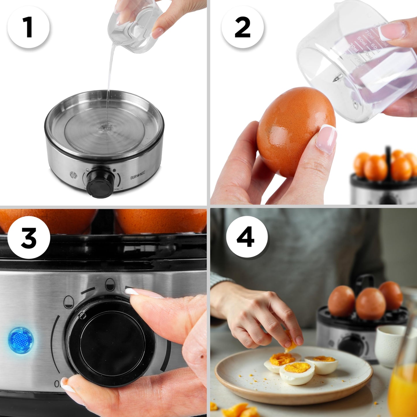 Duronic Electric Egg Boiler EB50 Egg Cooker 400W Omelette Maker for 7 Eggs with Poacher Tray Auto Shut Off 3 Cooking Modes Soft Medium Hard Boiled Eggs Steamer for Breakfast Meals