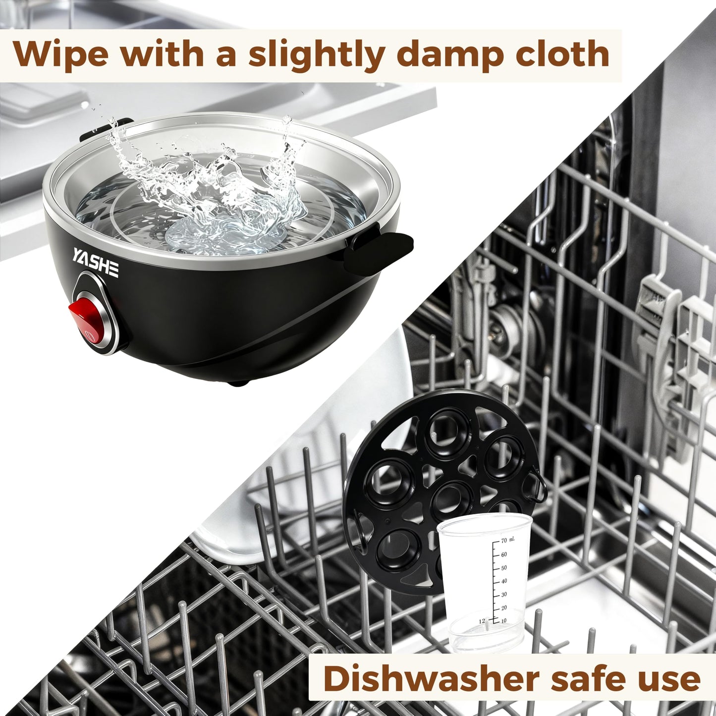YASHE Rapid Egg Cooker, 7 Egg Capacity Electric Egg Boiler for Hard, Medium, Soft Boiled Eggs, with Measuring Cup, BPA-Free Tray & Lid, Auto Shut-Off Overheat Protection, Black